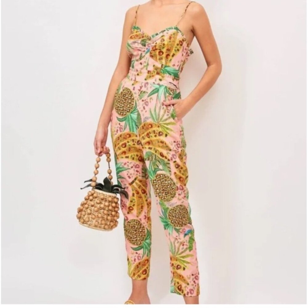 Farm Rio Womens Sz XS Smocked Jumpsuit Tropical Fruit Design /Pockets